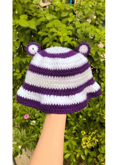 ကလေးဆောင်း ချည်ထိုး ဦးထုပ် Purple Stripe Knitted Woven Hat for baby kids Bee design AYAHATY