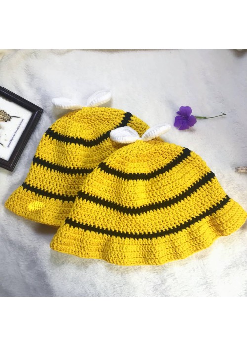 ကလေးဆောင်း ချည်ထိုး ဦးထုပ် Yellow Knitted Woven Hat for baby kids Bee design AYAHATA