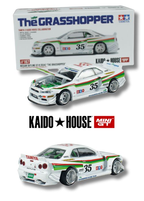 Kaido House x MINI GT Nissan Skyline GT-R R34 The Grasshopper V1 KHMG167-CH (1:64) Diecast Model Car Collectible