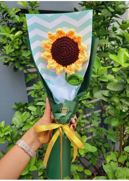 နေကြာပန်း တပွင့် ပန်းစည်း ချည်ထိုး အပွင့်အလတ် Handmade Knitted Woven Sun-Flower M Size Handmade Craft Flowers Bouquet ATFB107d