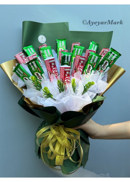 ချောကလပ် ပန်းစည်း Chocolate Flower Bouquet with Kitkat and Milo CCLFB103