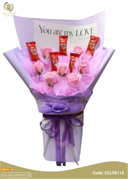 Kit Kat ချောကလပ် ရေမွှေးနှင်းဆီ ပန်းခြောက် ပန်းစည်း 5 Kit Kat Chocolate and Some Artificial Soap Flower Bouquet CCLFB115