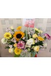 ရောင်စုံပန်းခြင်း Fresh Flower Basket with Colorful Mixed Flower and some seasonal leaves FBK105