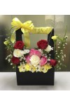 ရောင်စုံ နှင်းဆီပန်း ပန်းခြင်း ပန်းဗူး Fresh Flower Basket or Box with roses and some seasonal leaves FBK200