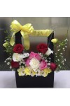 ရောင်စုံ နှင်းဆီပန်း ပန်းခြင်း ပန်းဗူး Fresh Flower Basket or Box with roses and some seasonal leaves FBK200
