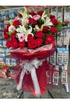 ဖွင့်ပွဲပန်းစတန်း နှင်းဆီပန်း လီလီပန်း Grand Opening Celebration Fresh Flower Stand with Roses Lily and some seasonal leaves FST100