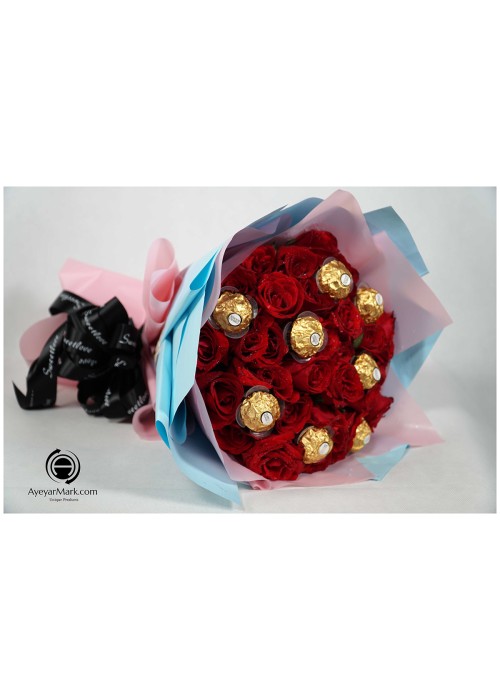 နှင်းဆီပန်း ပန်းစည်း Fresh Flower Bouquet approx 50 roses with 8 chocolate balls FFB143