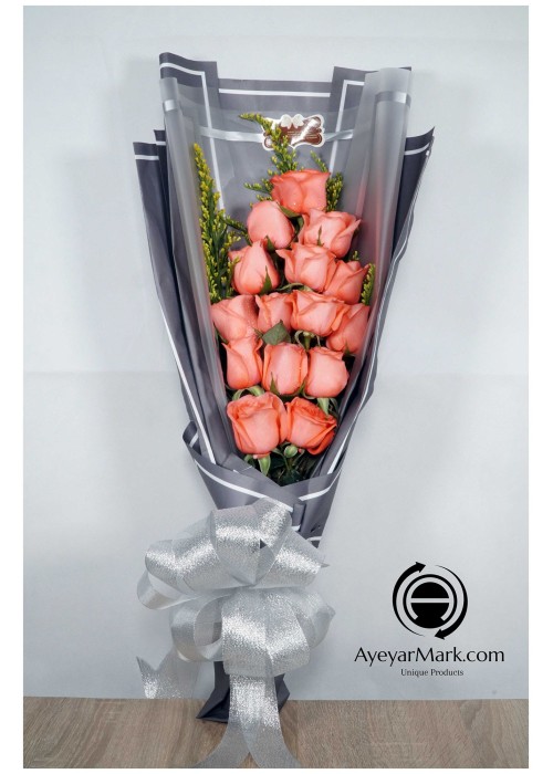 နှင်းဆီပန်း ပန်းစည်း အရံပန်းအပါ Fresh Flower Bouquet approx 15 roses with some seasonal green leaves FFB127