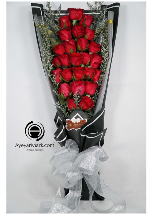 နှင်းဆီပန်း ပန်းစည်း အရံပန်းအပါ Fresh Flower Bouquet approx 25 roses with some seasonal Leaf FFB142