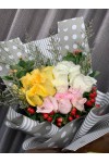 ရောင်စုံ နှင်းဆီပန်း ပန်းစည်း အရံပန်းအပါ Mixed and Match Fresh Flower Bouquet approx 20 roses with some seasonal green leaves FFB157