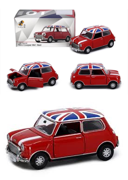 Tiny City Mini Cooper Red with Union Jack Roof & White Bonnet Stripes (RHD)