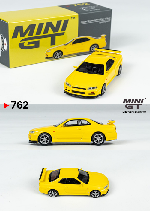 MINI GT Nissan Skyline GT-R(R34) V-Spec Lighting Yellow RHD (MGT00762) (1:64)
